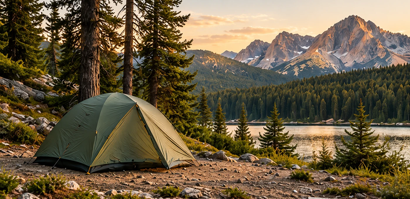Illustrated olive tent on an established mountain campsite