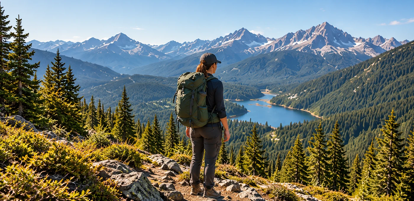 Illustrated day hiker overlooking an alpine lake and mountains
